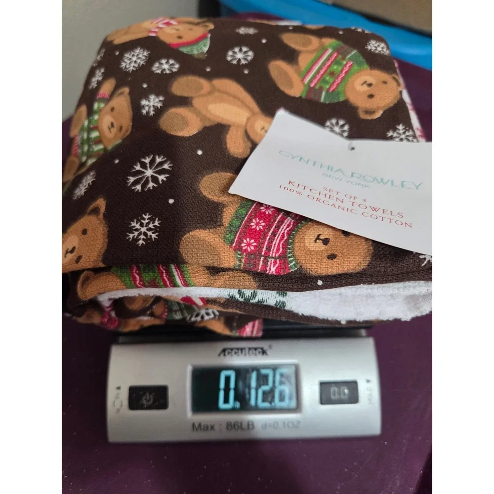 Cynthia Rowley Christmas Teddy Bear Kitchen Towels Set Organic Cotton Brown New